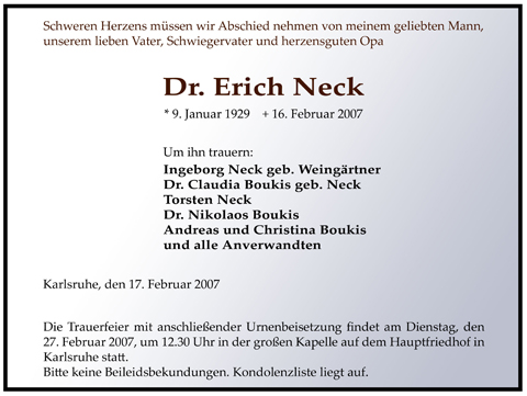 Todesanzeige Dr. Erich Neck